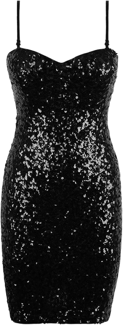 Women'S Sparkly Sequin Dress Adjustable Spaghetti Straps Mini Homecoming Party Club Dresses